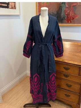 Greek Archaic Kori Feather Linen MIDI Dress Navy NWT